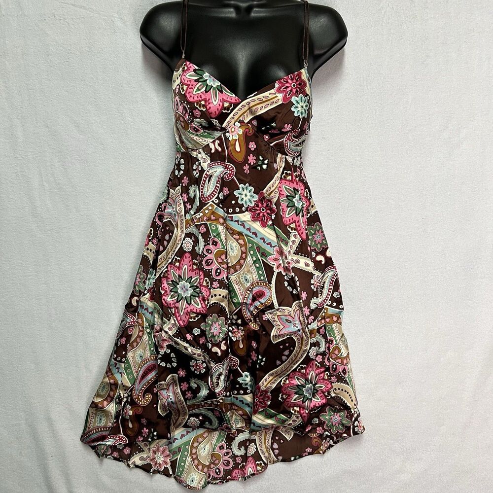 OC OC Paisley Floral Halter Dress Size 6 Brown Pink Y2K Handkerchief Hem Boho